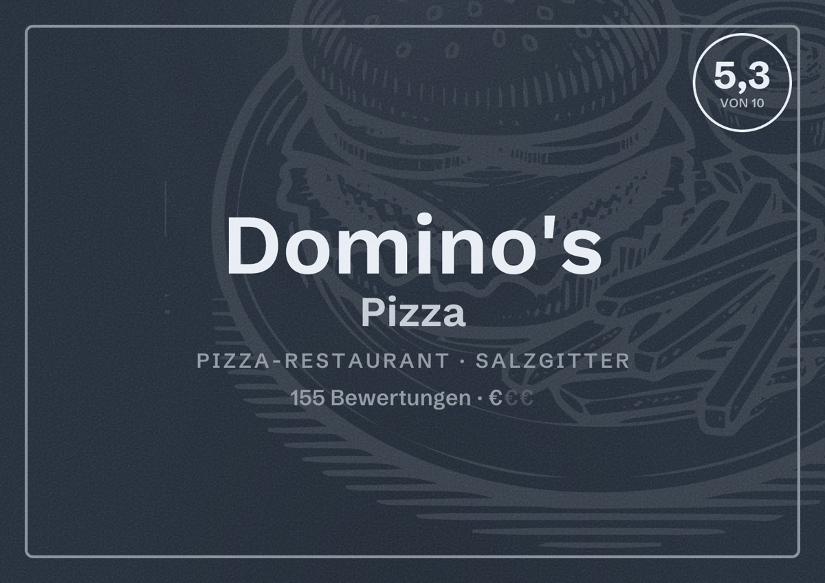 Illustriertes Poster von Domino's Pizza, Pizza-Restaurant in Salzgitter: Bewertung 5,3 von 10 aus 155 Bewertungen, Preisniveau €