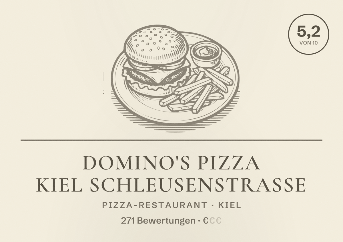 Illustriertes Poster von Domino's Pizza Kiel Schleusenstraße, Pizza-Restaurant in Kiel: Bewertung 5,2 von 10 aus 271 Bewertungen, Preisniveau €