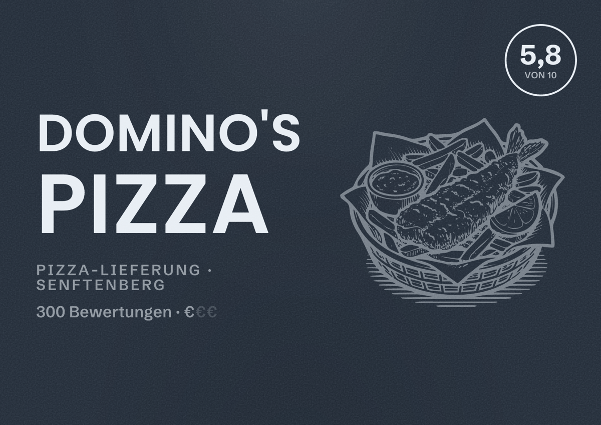 Illustriertes Poster von Domino's Pizza, Pizza-Lieferung in Senftenberg: Bewertung 5,8 von 10 aus 300 Bewertungen, Preisniveau €
