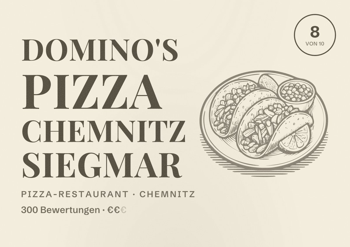 Illustriertes Poster von Domino's Pizza Chemnitz Siegmar, Pizza-Restaurant in Chemnitz: Bewertung 8 von 10 aus 300 Bewertungen, Preisniveau €€