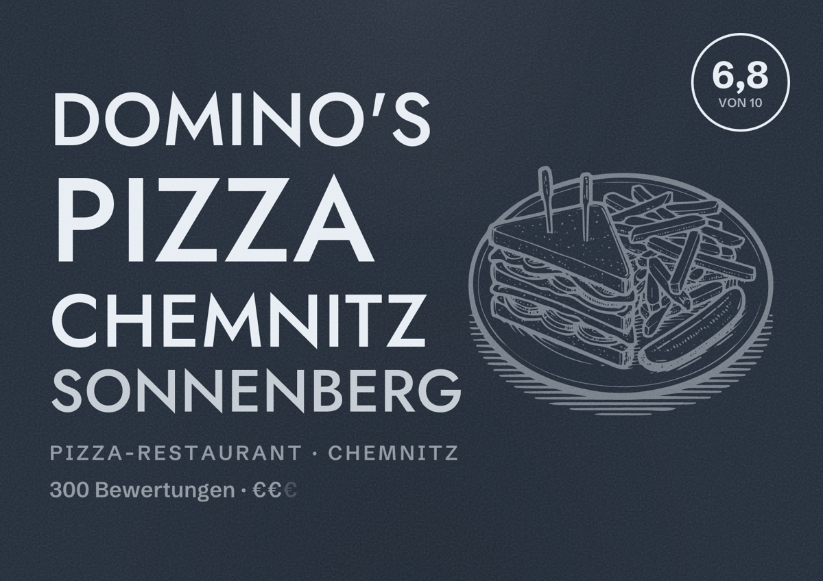 Illustriertes Poster von Domino's Pizza Chemnitz Sonnenberg, Pizza-Restaurant in Chemnitz: Bewertung 6,8 von 10 aus 300 Bewertungen, Preisniveau €€