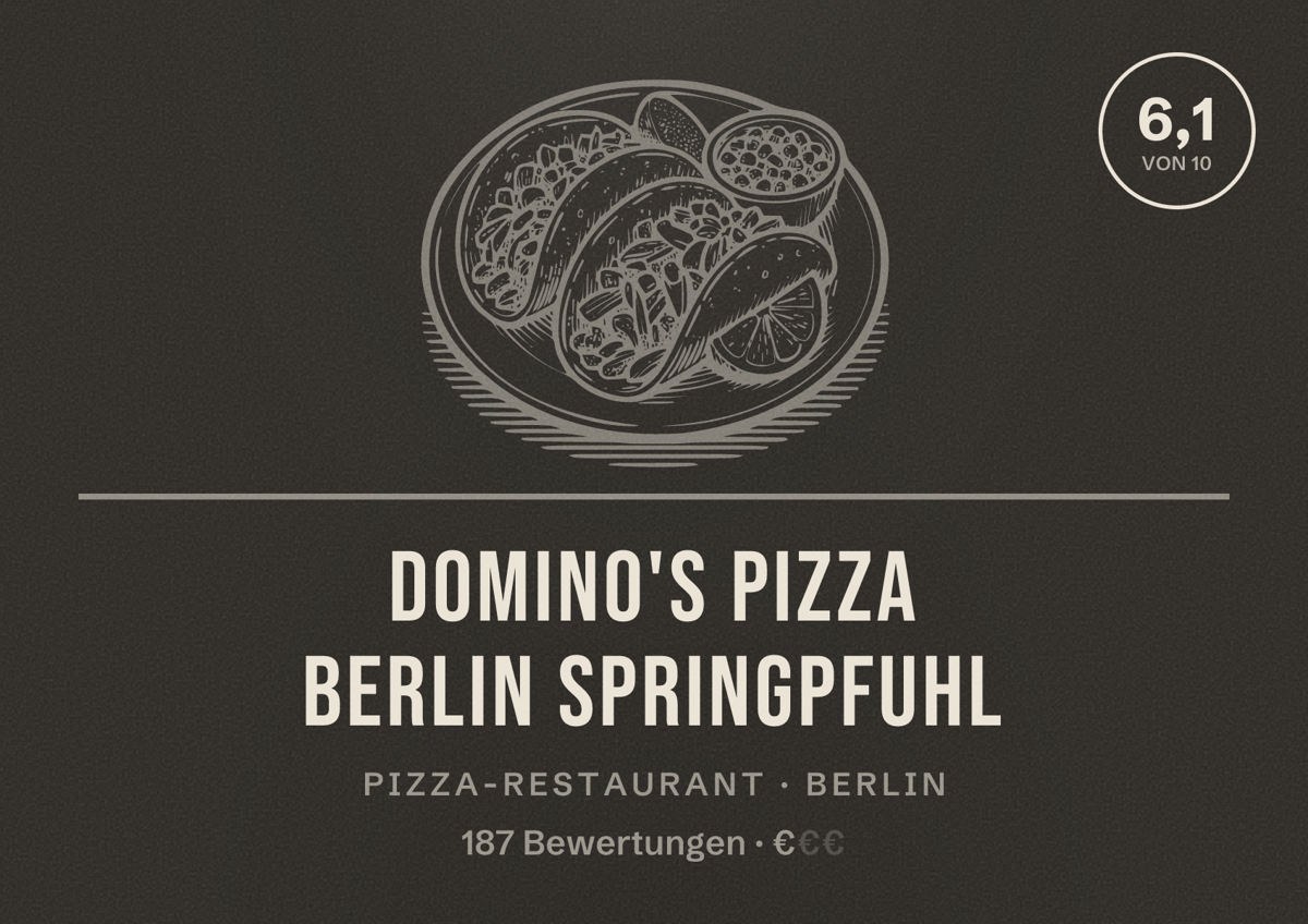 Illustriertes Poster von Domino's Pizza Berlin Springpfuhl, Pizza-Restaurant in Berlin: Bewertung 6,1 von 10 aus 187 Bewertungen, Preisniveau €