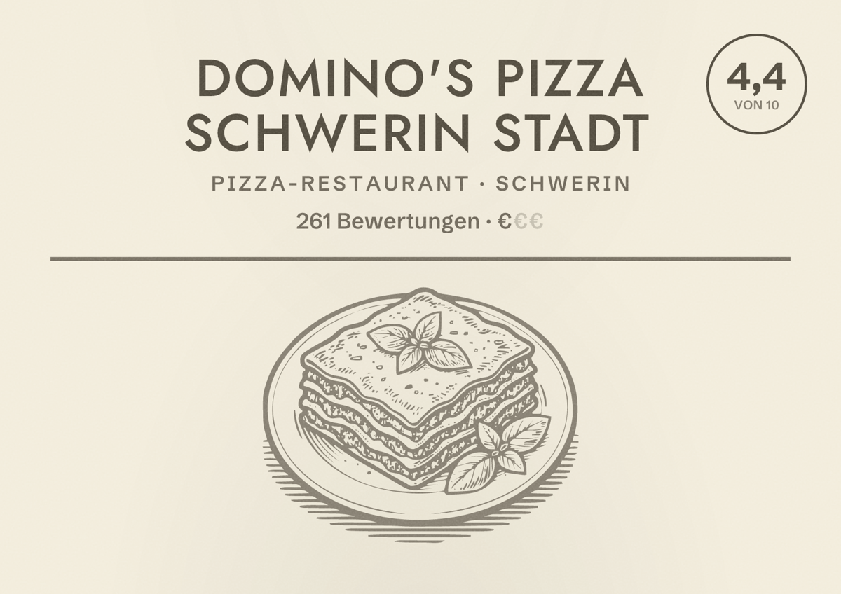 Illustriertes Poster von Domino's Pizza Schwerin Stadt, Pizza-Restaurant in Schwerin: Bewertung 4,4 von 10 aus 261 Bewertungen, Preisniveau €