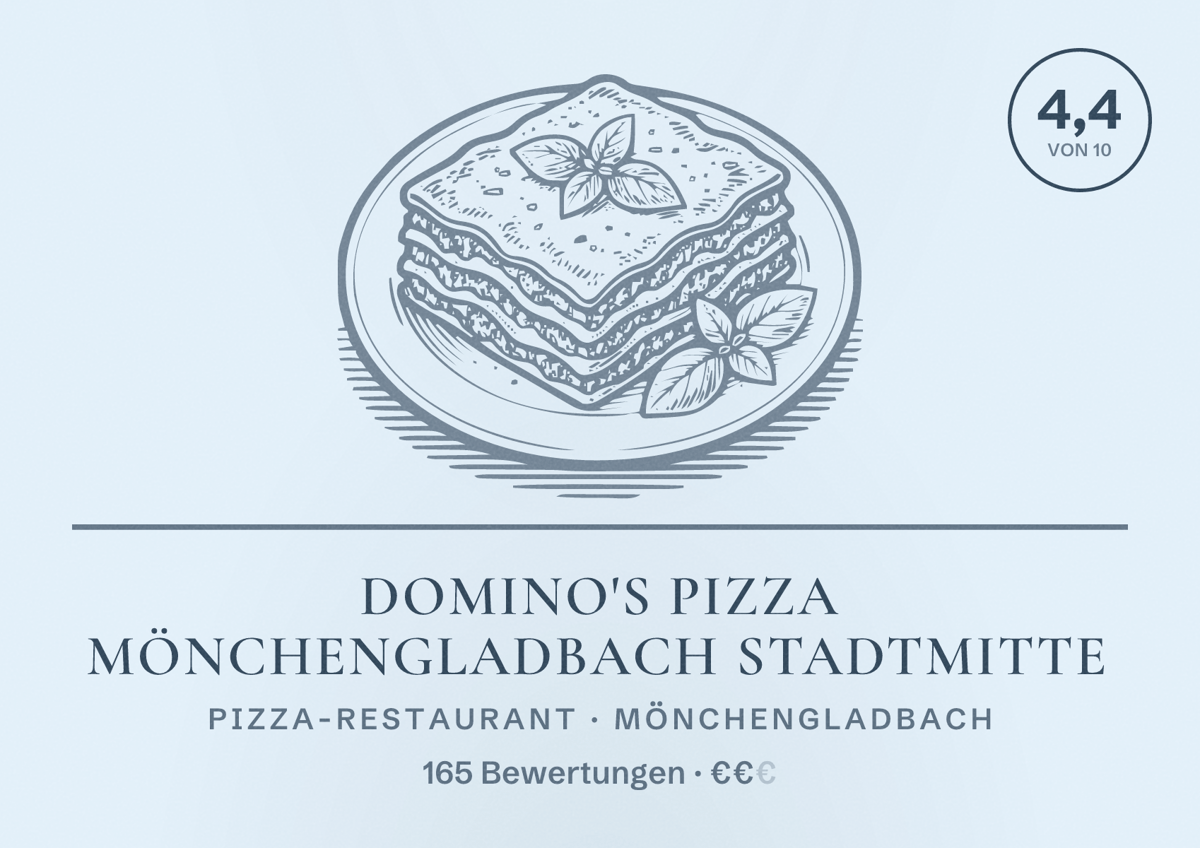 Illustriertes Poster von Domino's Pizza Mönchengladbach Stadtmitte, Pizza-Restaurant in Mönchengladbach: Bewertung 4,4 von 10 aus 165 Bewertungen, Preisniveau €€