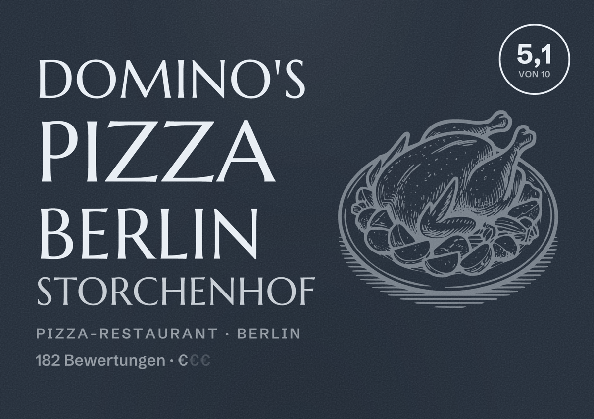 Illustriertes Poster von Domino's Pizza Berlin Storchenhof, Pizza-Restaurant in Berlin: Bewertung 5,1 von 10 aus 182 Bewertungen, Preisniveau €