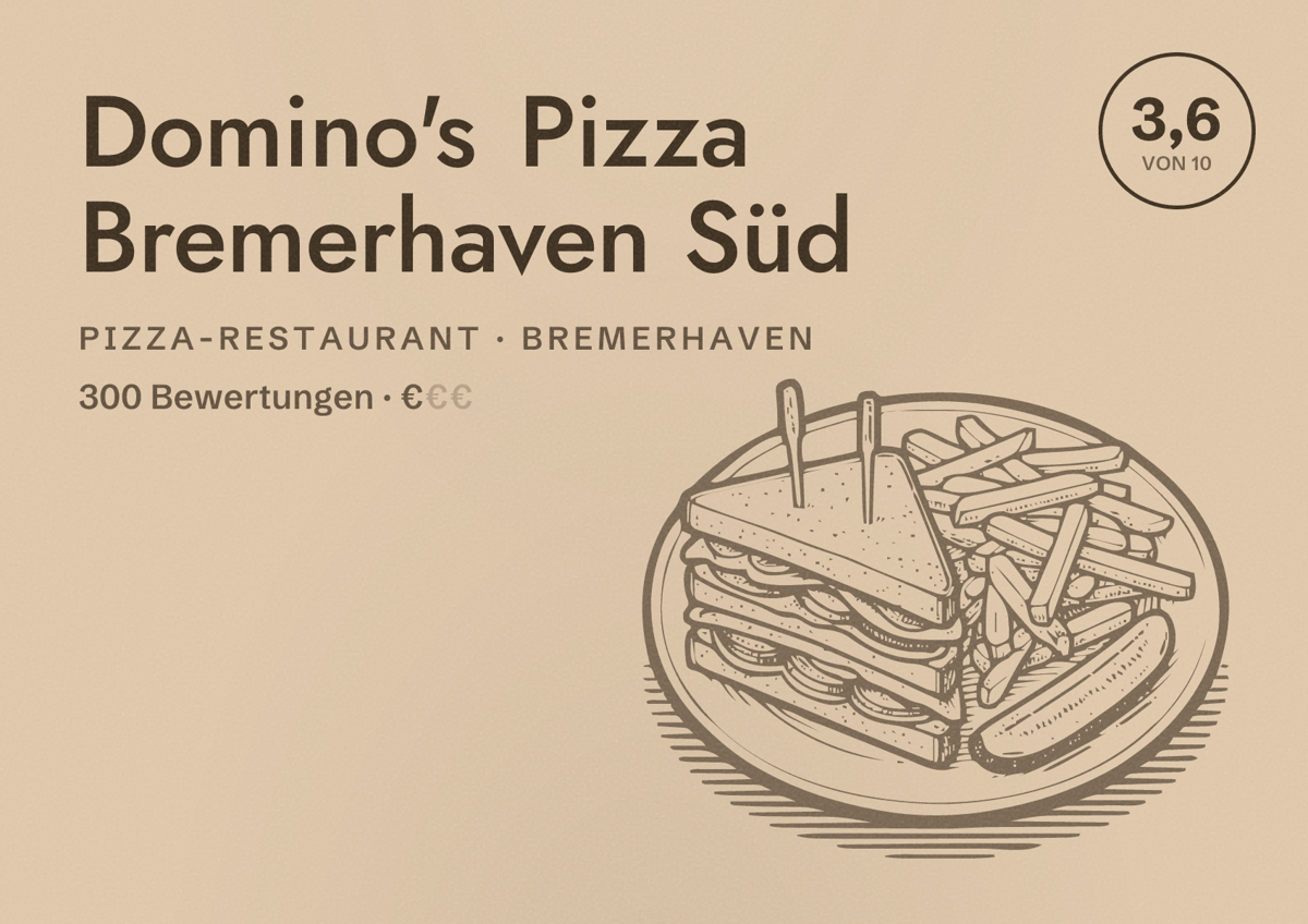 Illustriertes Poster von Domino's Pizza Bremerhaven Süd, Pizza-Restaurant in Bremerhaven: Bewertung 3,6 von 10 aus 300 Bewertungen, Preisniveau €