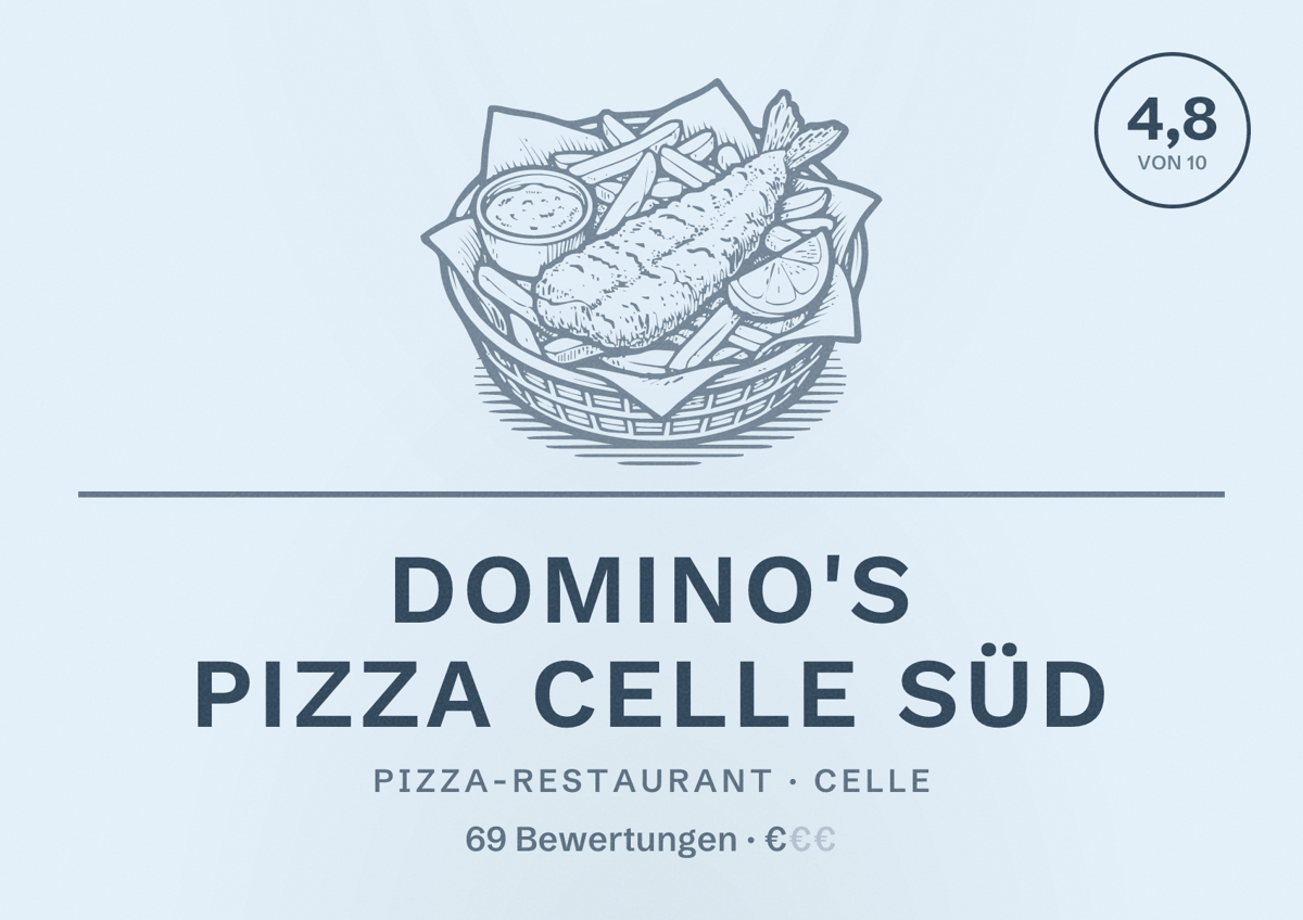Illustriertes Poster von Domino's Pizza Celle Süd, Pizza-Restaurant in Celle: Bewertung 4,8 von 10 aus 69 Bewertungen, Preisniveau €
