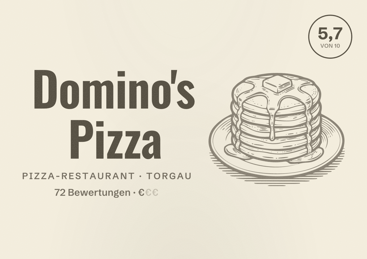 Illustriertes Poster von Domino's Pizza, Pizza-Restaurant in Torgau: Bewertung 5,7 von 10 aus 72 Bewertungen, Preisniveau €
