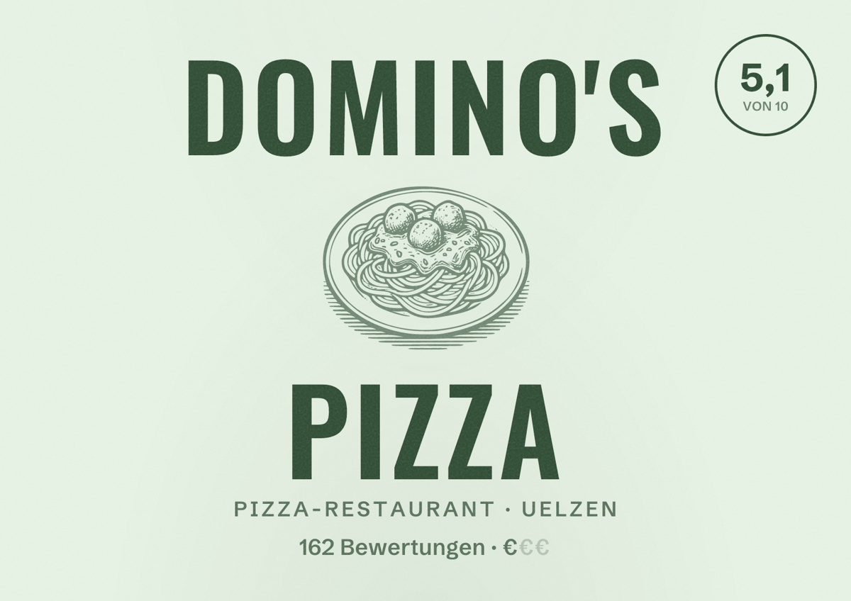 Illustriertes Poster von Domino's Pizza, Pizza-Restaurant in Uelzen: Bewertung 5,1 von 10 aus 162 Bewertungen, Preisniveau €