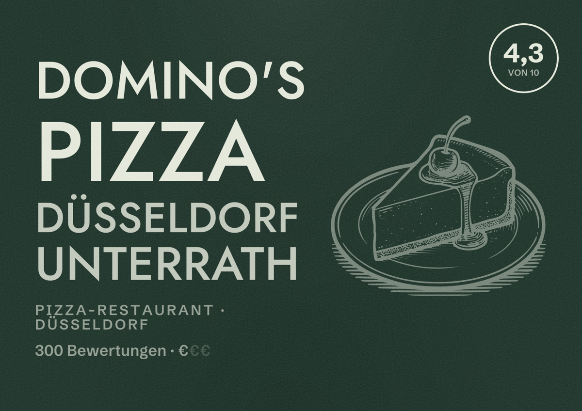 Illustriertes Poster von Domino's Pizza Düsseldorf Unterrath, Pizza-Restaurant in Düsseldorf: Bewertung 4,3 von 10 aus 300 Bewertungen, Preisniveau €