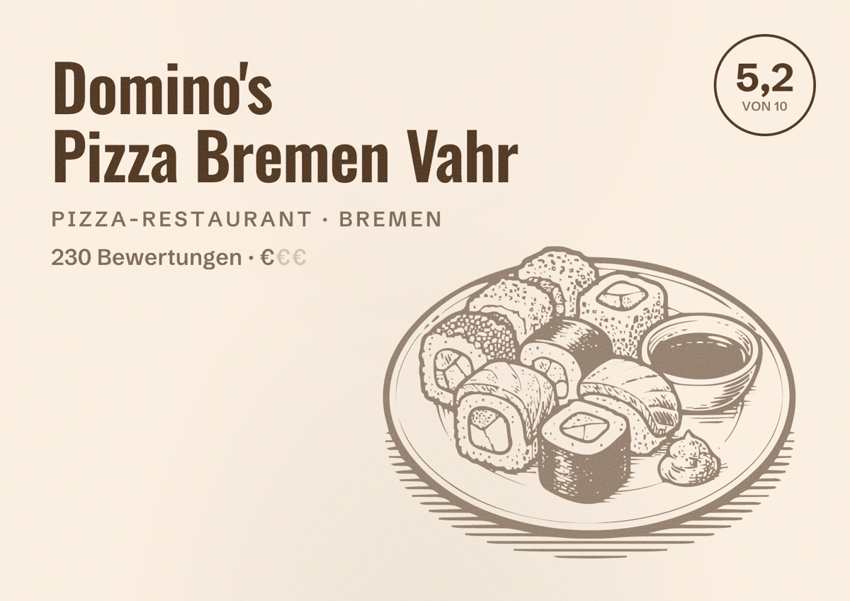 Illustriertes Poster von Domino's Pizza Bremen Vahr, Pizza-Restaurant in Bremen: Bewertung 5,2 von 10 aus 230 Bewertungen, Preisniveau €