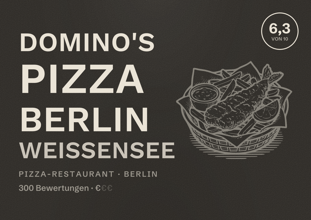 Illustriertes Poster von Domino's Pizza Berlin Weißensee, Pizza-Restaurant in Berlin: Bewertung 6,3 von 10 aus 300 Bewertungen, Preisniveau €