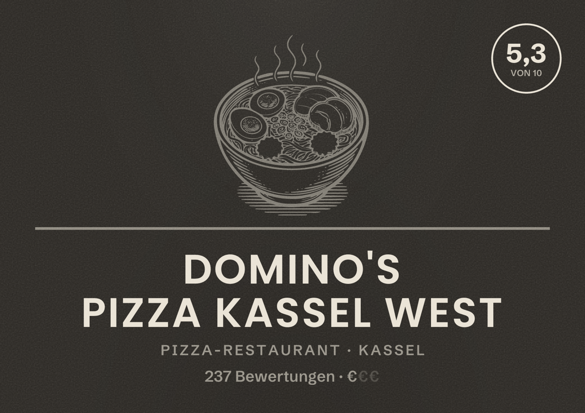 Illustriertes Poster von Domino's Pizza Kassel West, Pizza-Restaurant in Kassel: Bewertung 5,3 von 10 aus 237 Bewertungen, Preisniveau €
