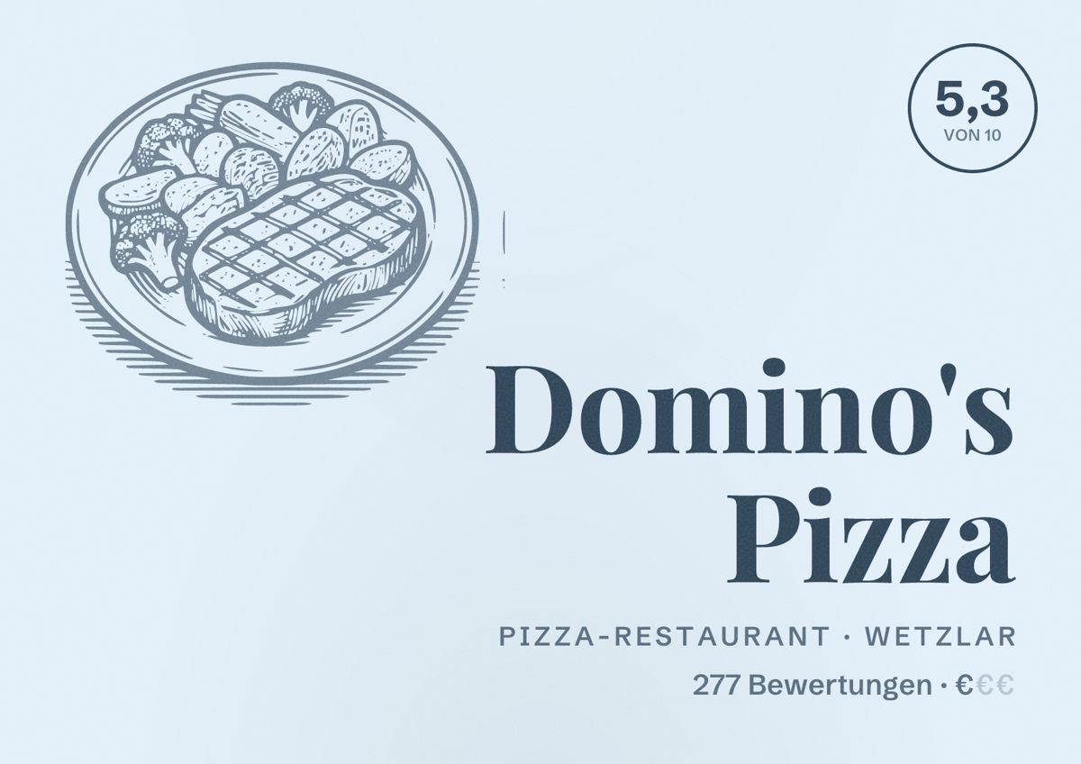 Illustriertes Poster von Domino's Pizza, Pizza-Restaurant in Wetzlar: Bewertung 5,3 von 10 aus 277 Bewertungen, Preisniveau €
