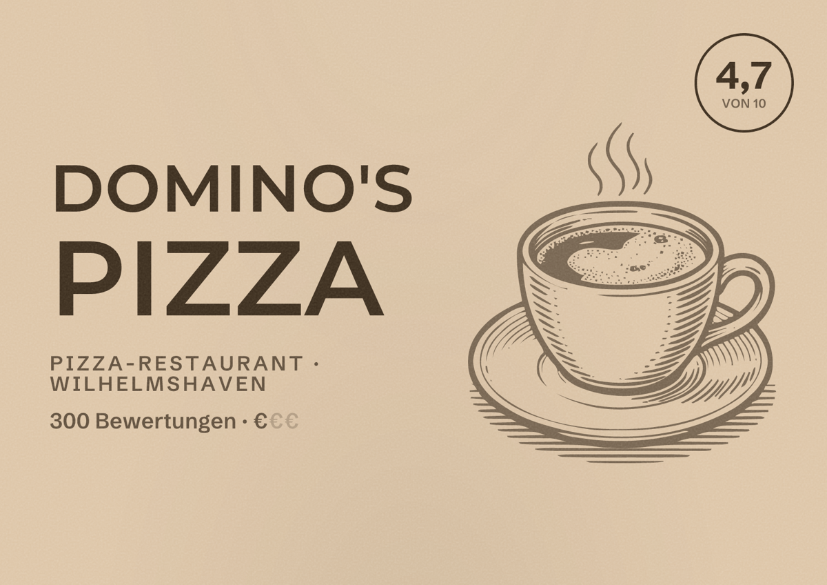 Illustriertes Poster von Domino's Pizza, Pizza-Restaurant in Wilhelmshaven: Bewertung 4,7 von 10 aus 300 Bewertungen, Preisniveau €