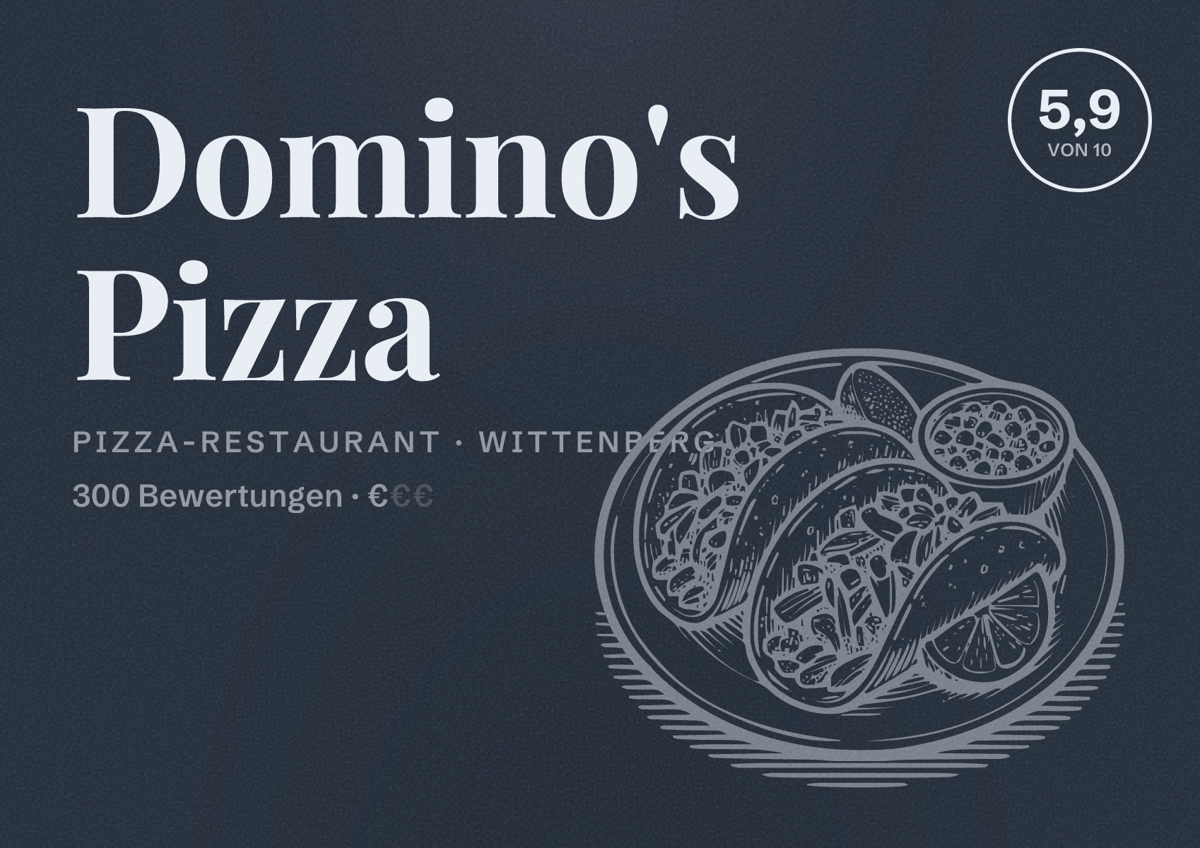 Illustriertes Poster von Domino's Pizza, Pizza-Restaurant in Wittenberg: Bewertung 5,9 von 10 aus 300 Bewertungen, Preisniveau €