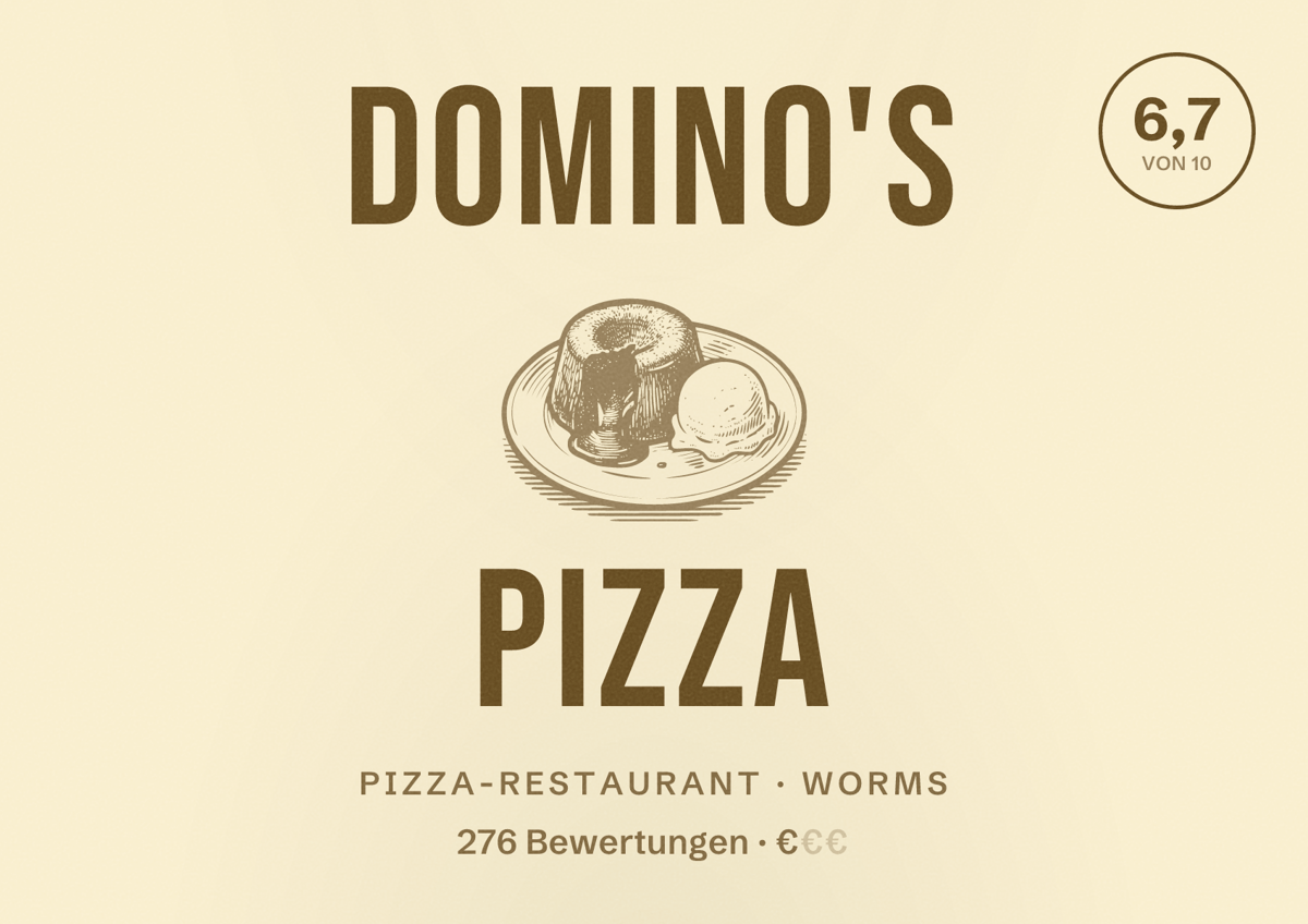 Illustriertes Poster von Domino's Pizza, Pizza-Restaurant in Worms: Bewertung 6,7 von 10 aus 276 Bewertungen, Preisniveau €