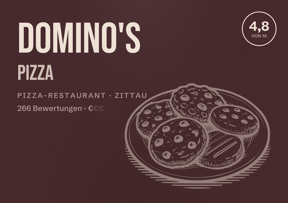Illustriertes Poster von Domino's Pizza, Pizza-Restaurant in Zittau: Bewertung 4,8 von 10 aus 266 Bewertungen, Preisniveau €