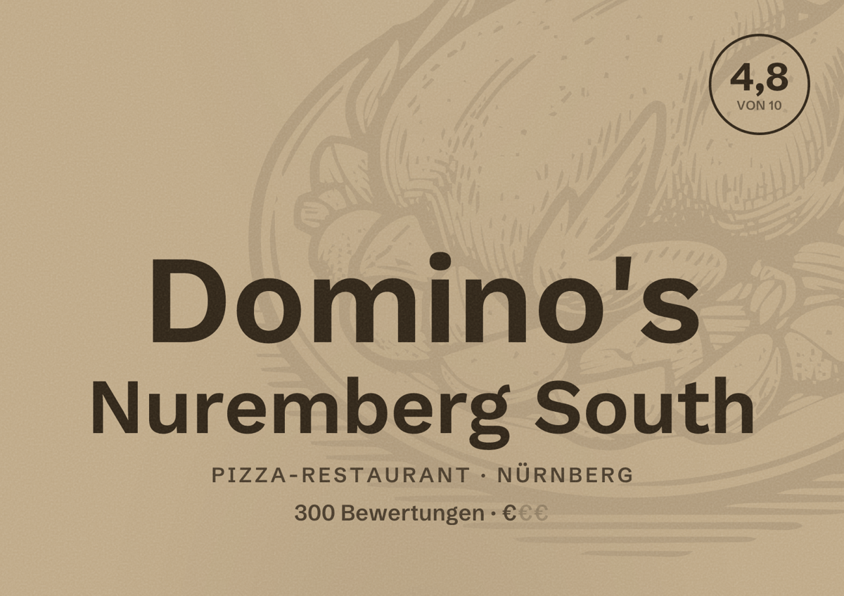 Illustriertes Poster von Domino's Nuremberg South, Pizza-Restaurant in Nürnberg: Bewertung 4,8 von 10 aus 300 Bewertungen, Preisniveau €