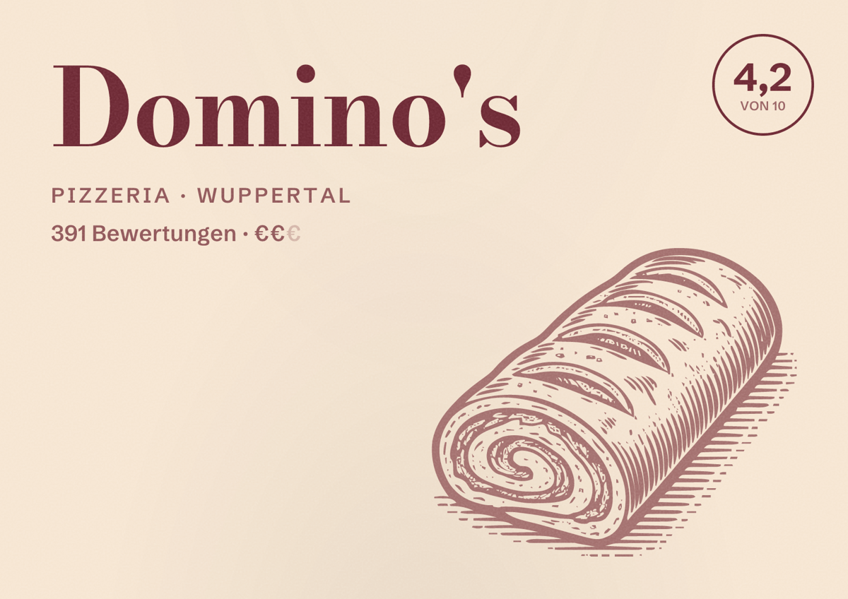 Illustriertes Poster von Domino's, Pizzeria in Wuppertal: Bewertung 4,2 von 10 aus 391 Bewertungen, Preisniveau €€