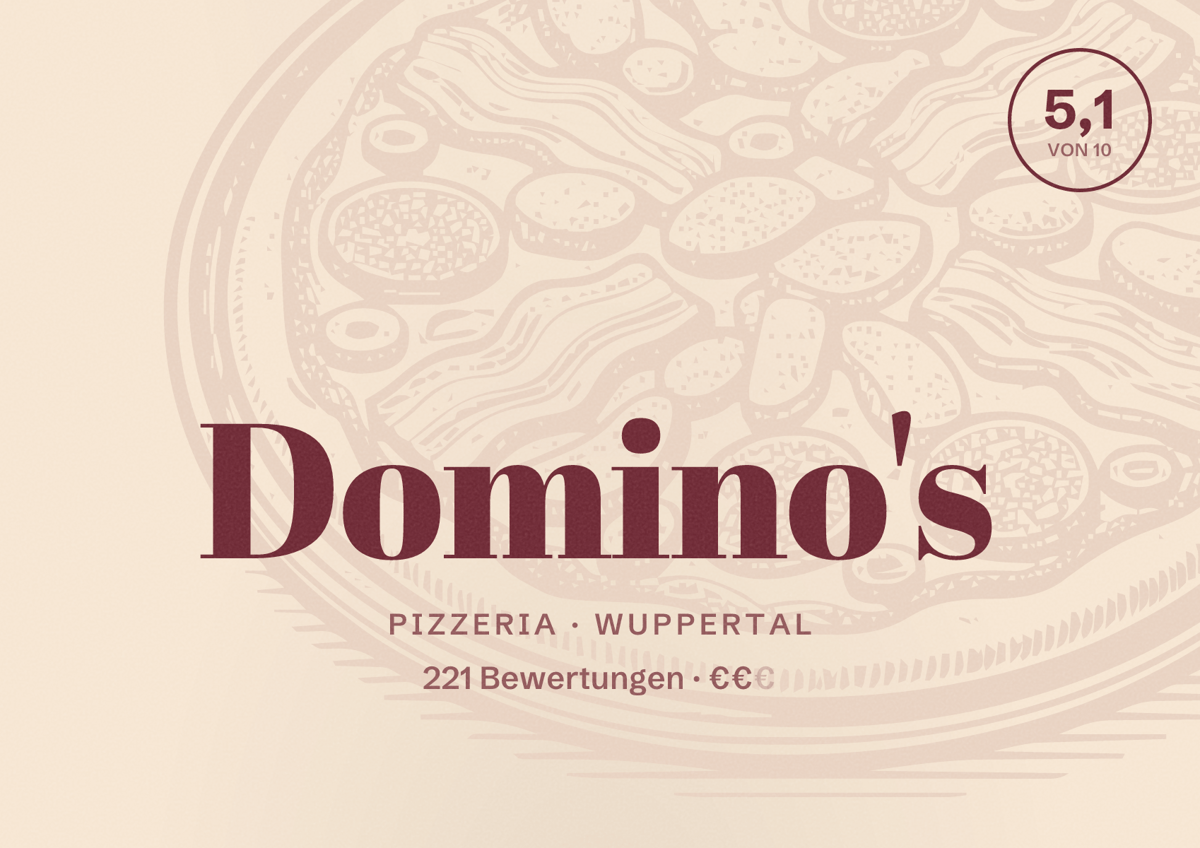 Illustriertes Poster von Domino's, Pizzeria in Wuppertal: Bewertung 5,1 von 10 aus 221 Bewertungen, Preisniveau €€