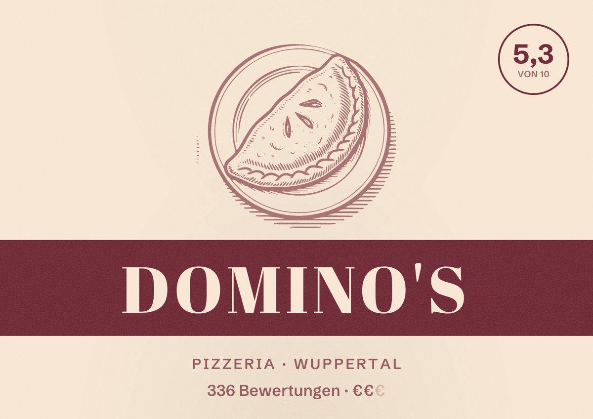 Illustriertes Poster von Domino's, Pizzeria in Wuppertal: Bewertung 5,3 von 10 aus 336 Bewertungen, Preisniveau €€