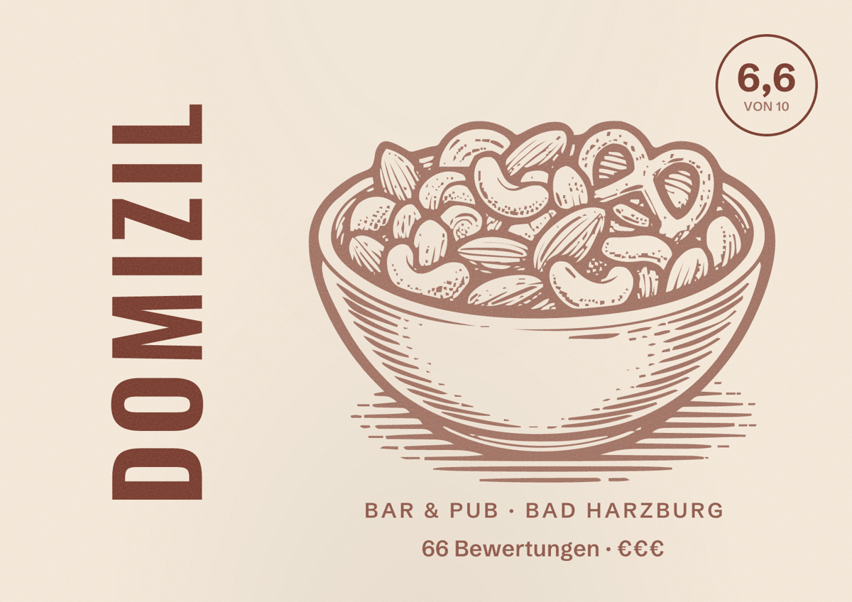 Illustriertes Poster von Domizil, Bar & Pub in Bad Harzburg: Bewertung 6,6 von 10 aus 66 Bewertungen, Preisniveau €€€