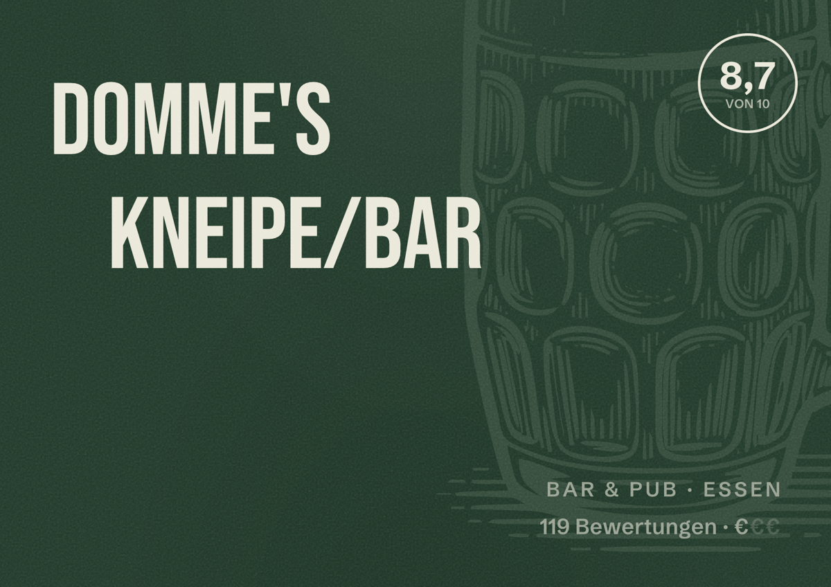 Illustriertes Poster von Domme's Kneipe/Bar, Bar & Pub in Essen: Bewertung 8,7 von 10 aus 119 Bewertungen, Preisniveau €
