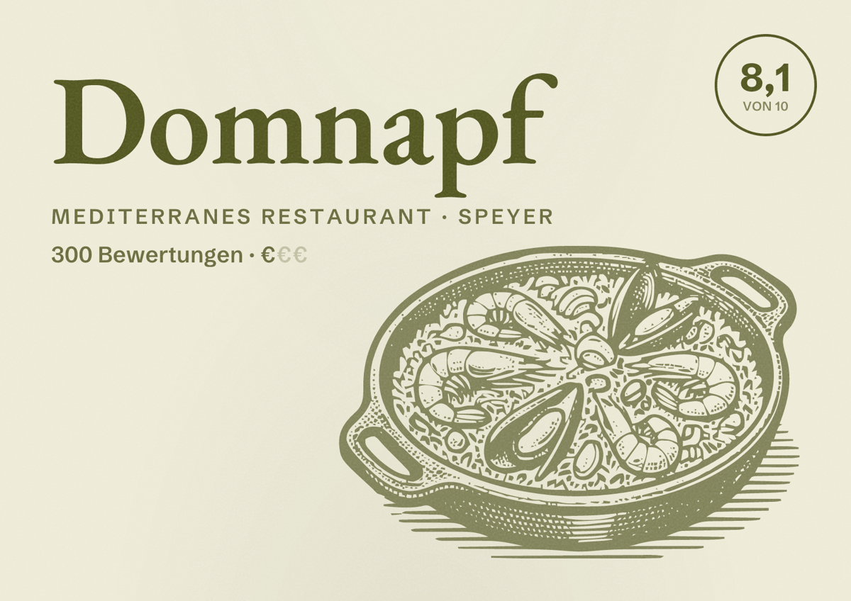 Illustriertes Poster von Domnapf, Mediterranes Restaurant in Speyer: Bewertung 8,1 von 10 aus 300 Bewertungen, Preisniveau €