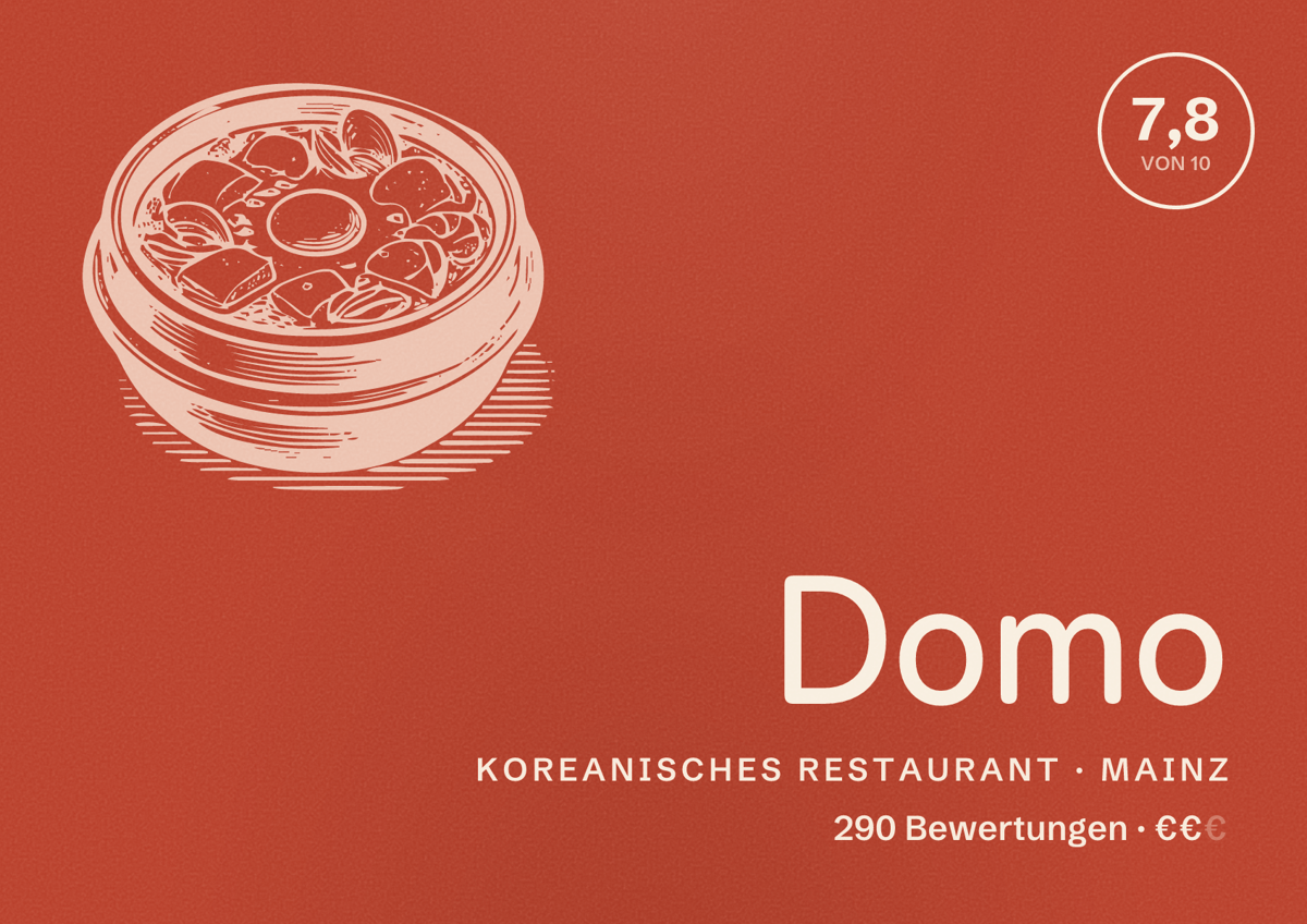 Illustriertes Poster von Domo, Koreanisches Restaurant in Mainz: Bewertung 7,8 von 10 aus 290 Bewertungen, Preisniveau €€