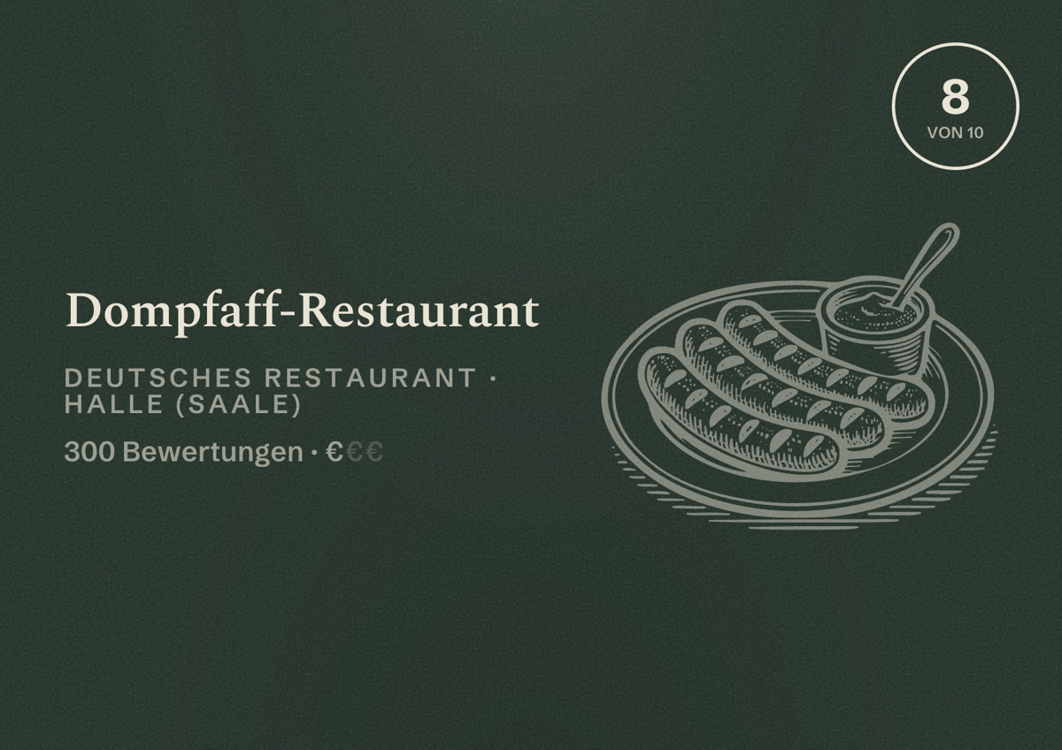 Illustriertes Poster von Dompfaff-Restaurant, Deutsches Restaurant in Halle (Saale): Bewertung 8,0 von 10 aus 300 Bewertungen, Preisniveau €