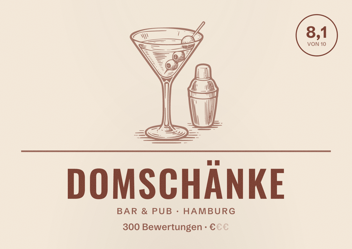 Illustriertes Poster von Domschänke, Bar & Pub in Hamburg: Bewertung 8,1 von 10 aus 300 Bewertungen, Preisniveau €