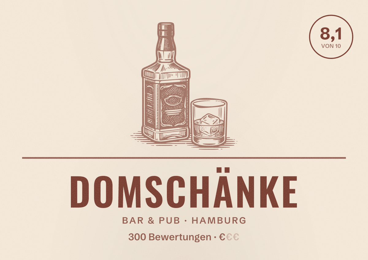 Illustriertes Poster von Domschänke, Bar & Pub in Hamburg: Bewertung 8,1 von 10 aus 300 Bewertungen, Preisniveau €