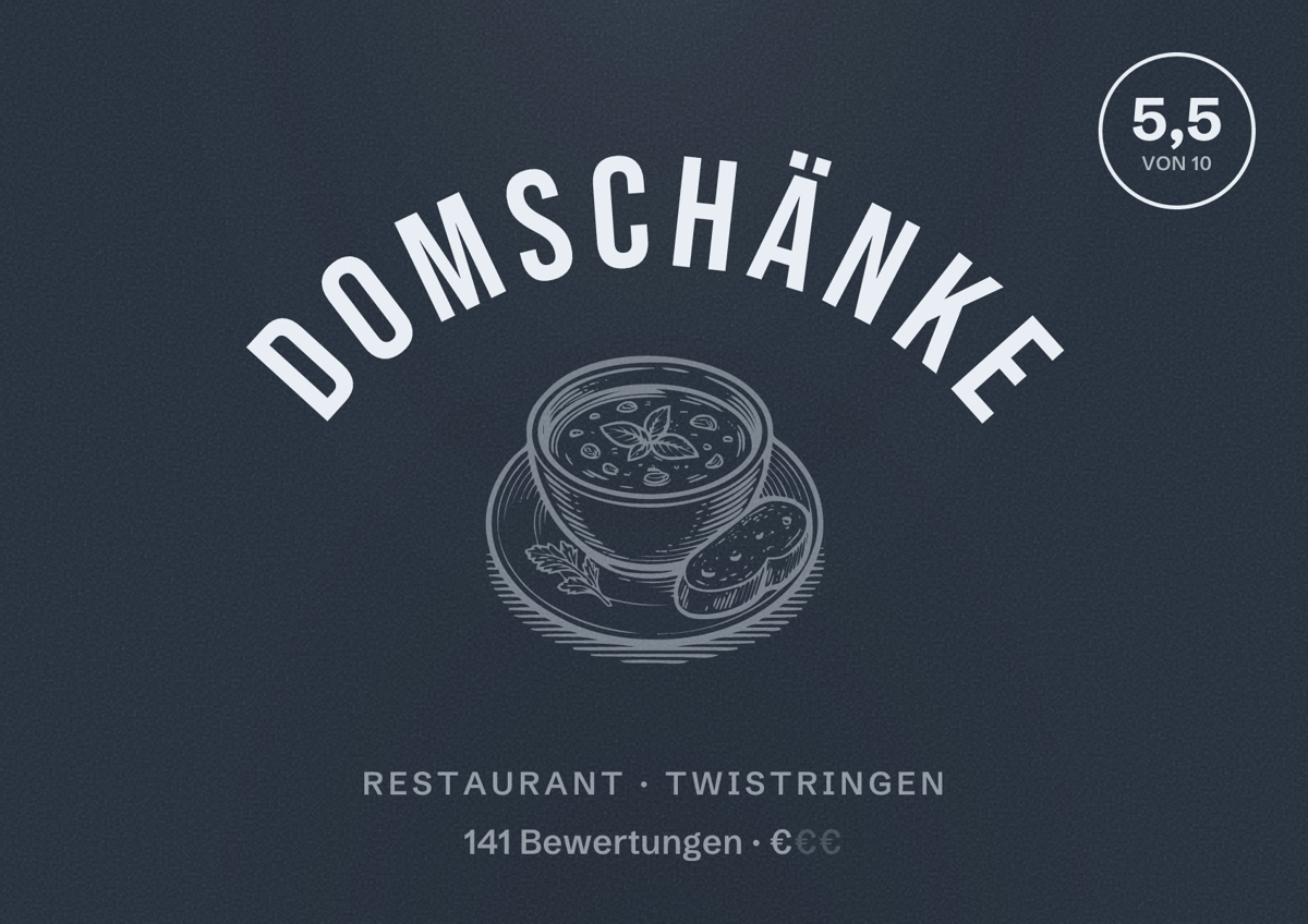 Illustriertes Poster von Domschänke, Restaurant in Twistringen: Bewertung 5,5 von 10 aus 141 Bewertungen, Preisniveau €