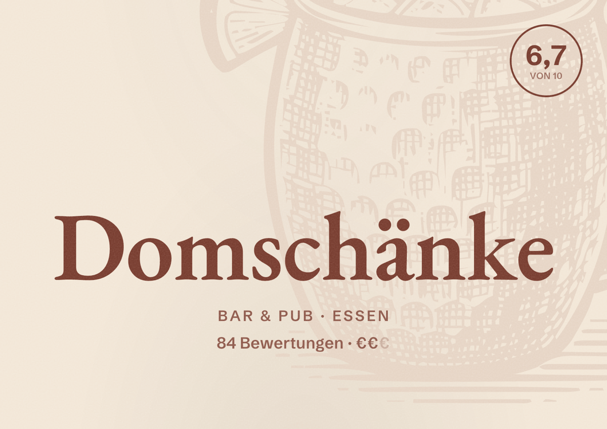 Illustriertes Poster von Domschänke, Bar & Pub in Essen: Bewertung 6,7 von 10 aus 84 Bewertungen, Preisniveau €€