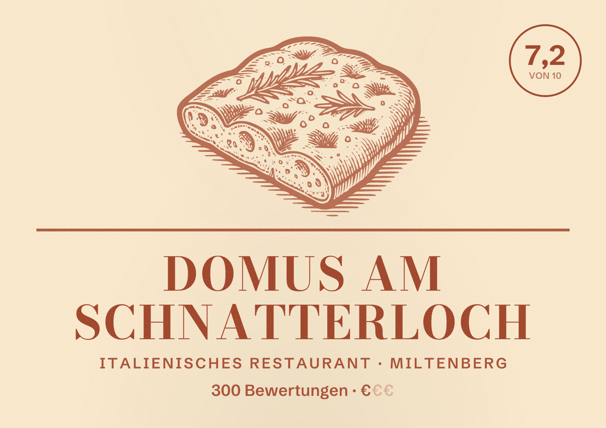 Illustriertes Poster von Domus am Schnatterloch, Italienisches Restaurant in Miltenberg: Bewertung 7,2 von 10 aus 300 Bewertungen, Preisniveau €