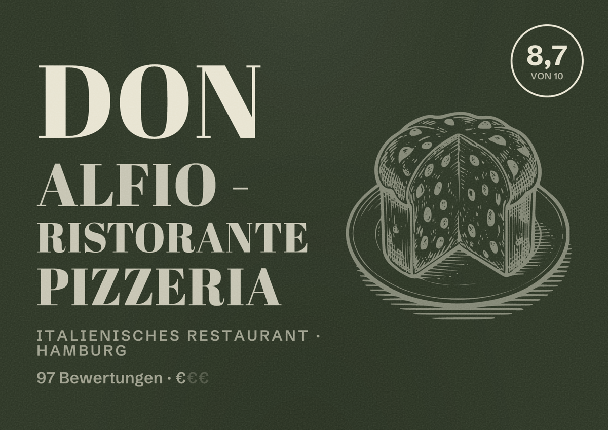 Illustriertes Poster von Don Alfio - Ristorante Pizzeria, Italienisches Restaurant in Hamburg: Bewertung 8,7 von 10 aus 97 Bewertungen, Preisniveau €