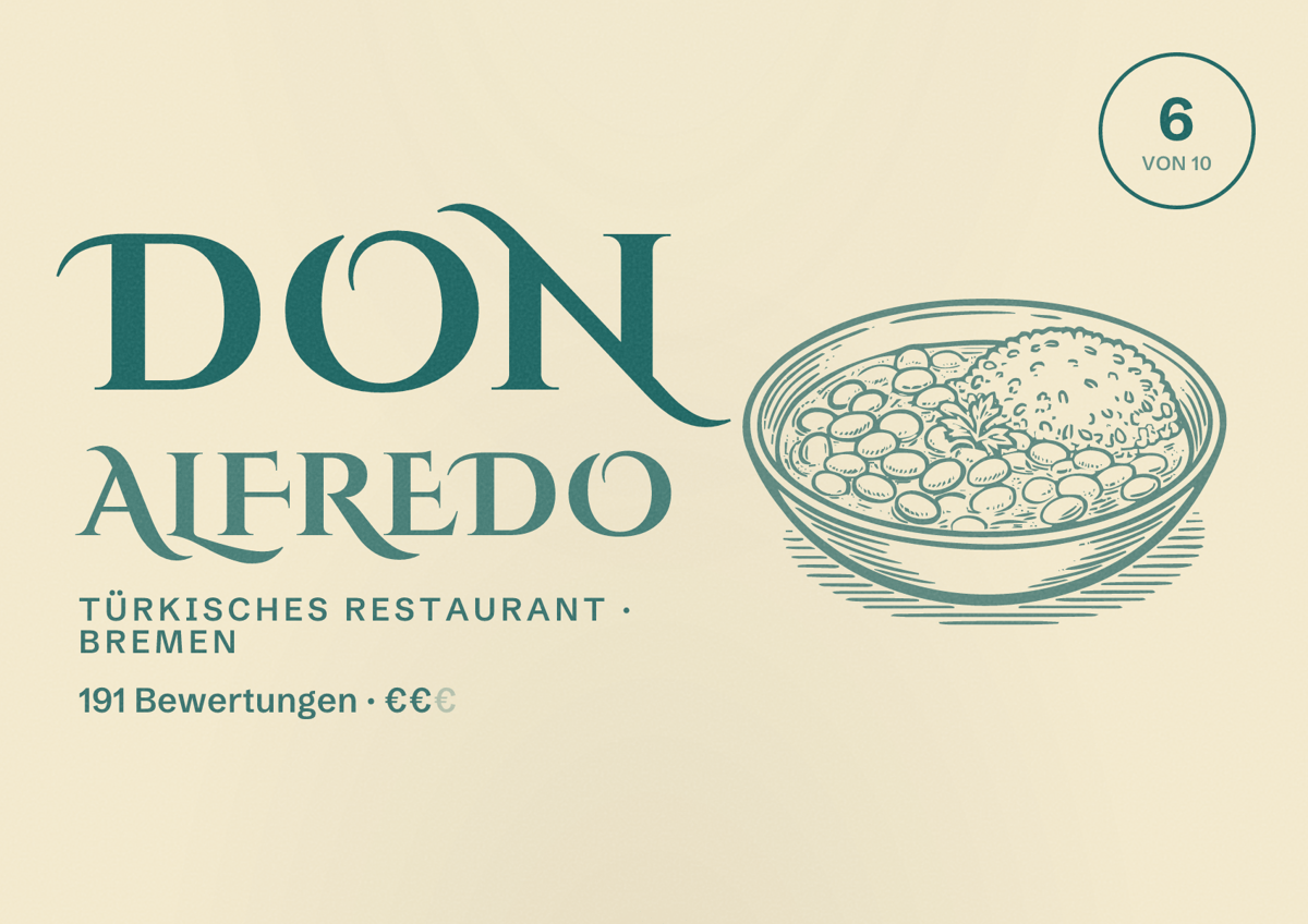 Illustriertes Poster von Don Alfredo, Türkisches Restaurant in Bremen: Bewertung 6 von 10 aus 191 Bewertungen, Preisniveau €€
