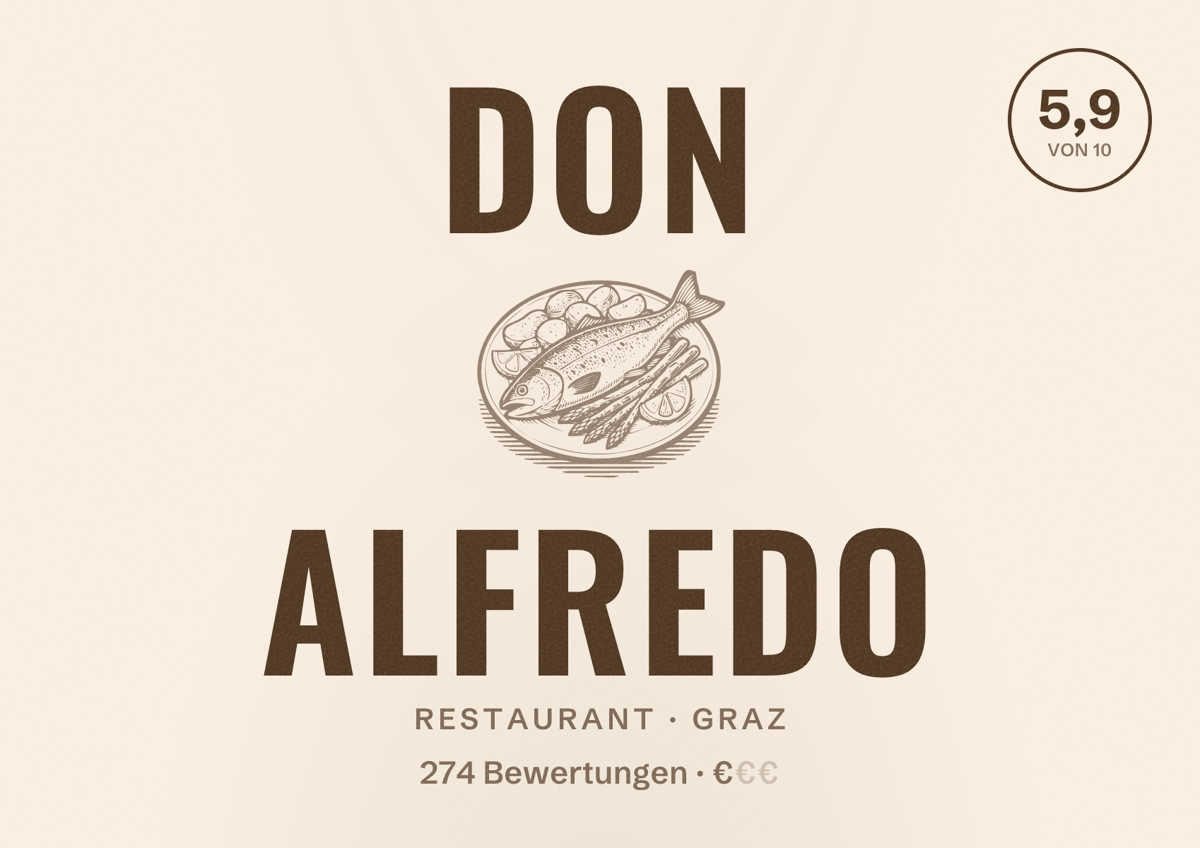 Illustriertes Poster von Don Alfredo, Restaurant in Graz: Bewertung 5,9 von 10 aus 274 Bewertungen, Preisniveau €