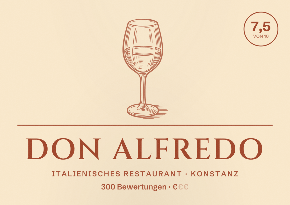 Illustriertes Poster von Don Alfredo, Italienisches Restaurant in Konstanz: Bewertung 7,5 von 10 aus 300 Bewertungen, Preisniveau €