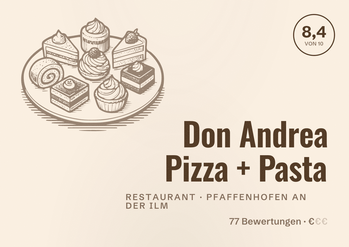 Illustriertes Poster von Don Andrea Pizza + Pasta, Restaurant in Pfaffenhofen an der Ilm: Bewertung 8,4 von 10 aus 77 Bewertungen, Preisniveau €