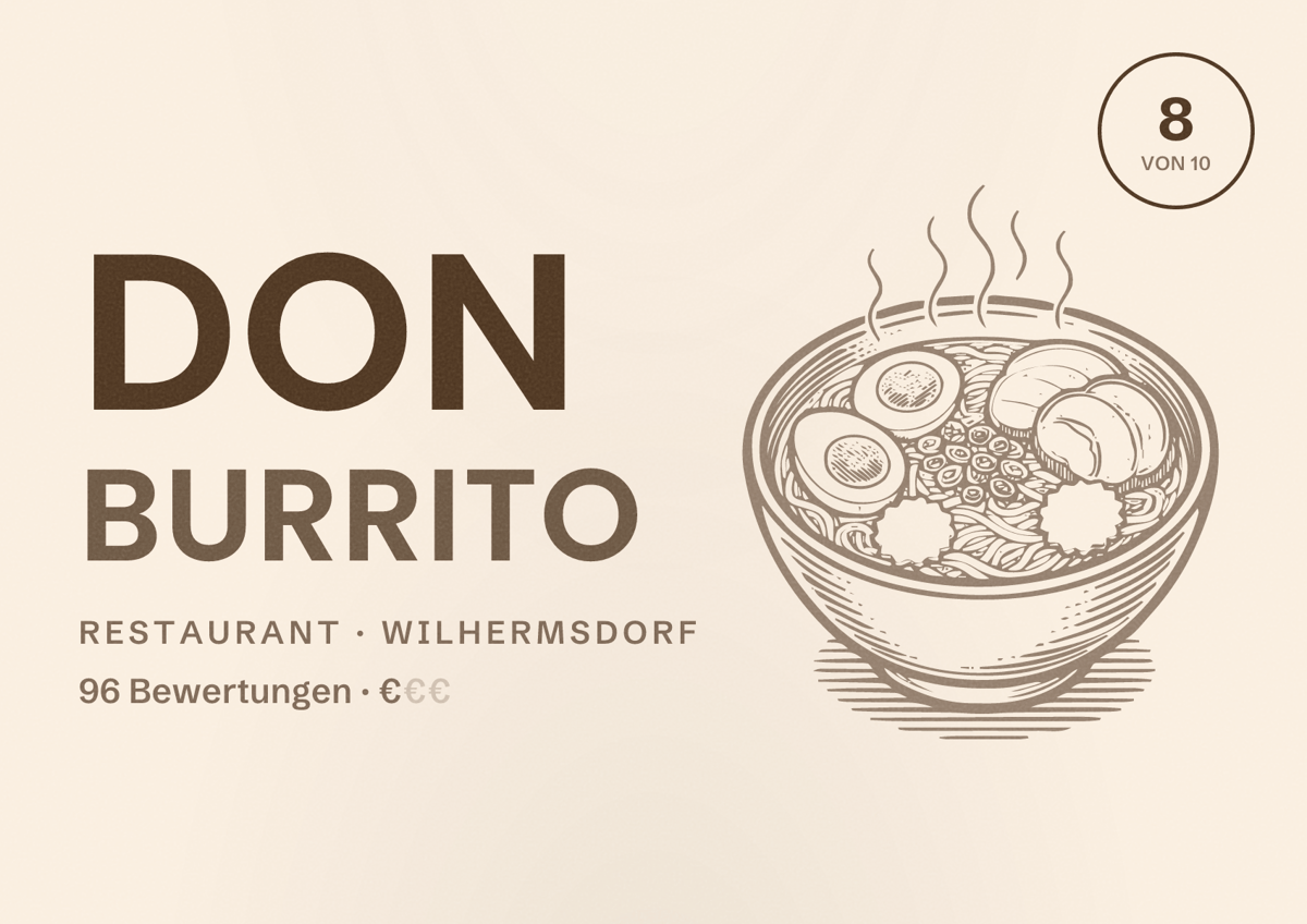 Illustriertes Poster von Don Burrito, Restaurant in Wilhermsdorf: Bewertung 8 von 10 aus 96 Bewertungen, Preisniveau €