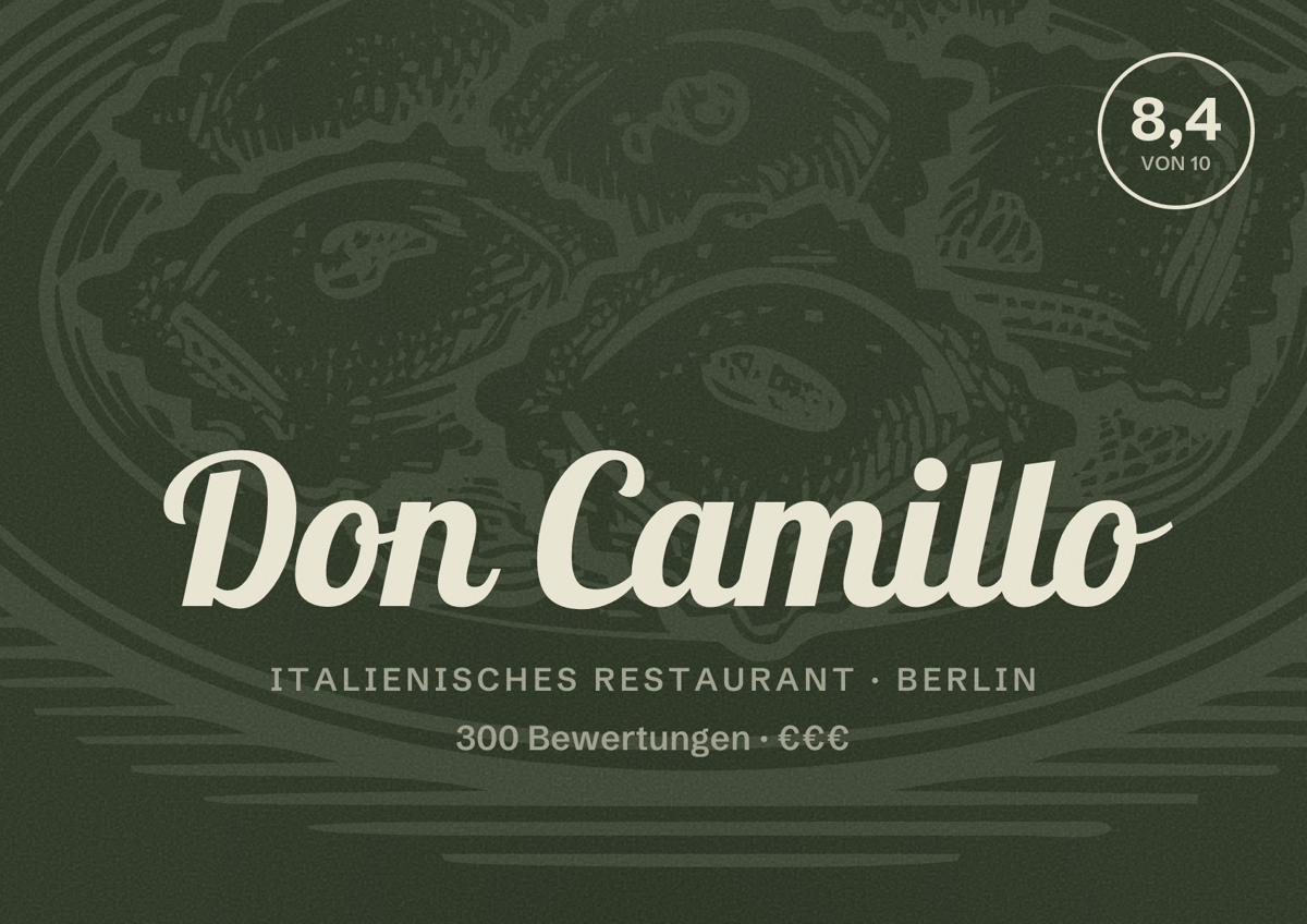 Illustriertes Poster von Don Camillo, Italienisches Restaurant in Berlin: Bewertung 8,4 von 10 aus 300 Bewertungen, Preisniveau €€€