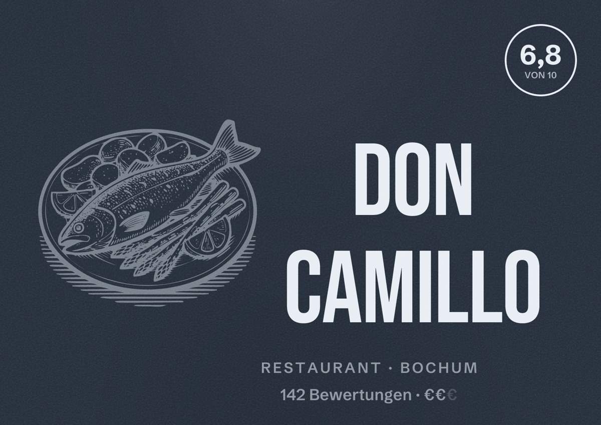 Illustriertes Poster von Don Camillo, Restaurant in Bochum: Bewertung 6,8 von 10 aus 142 Bewertungen, Preisniveau €€