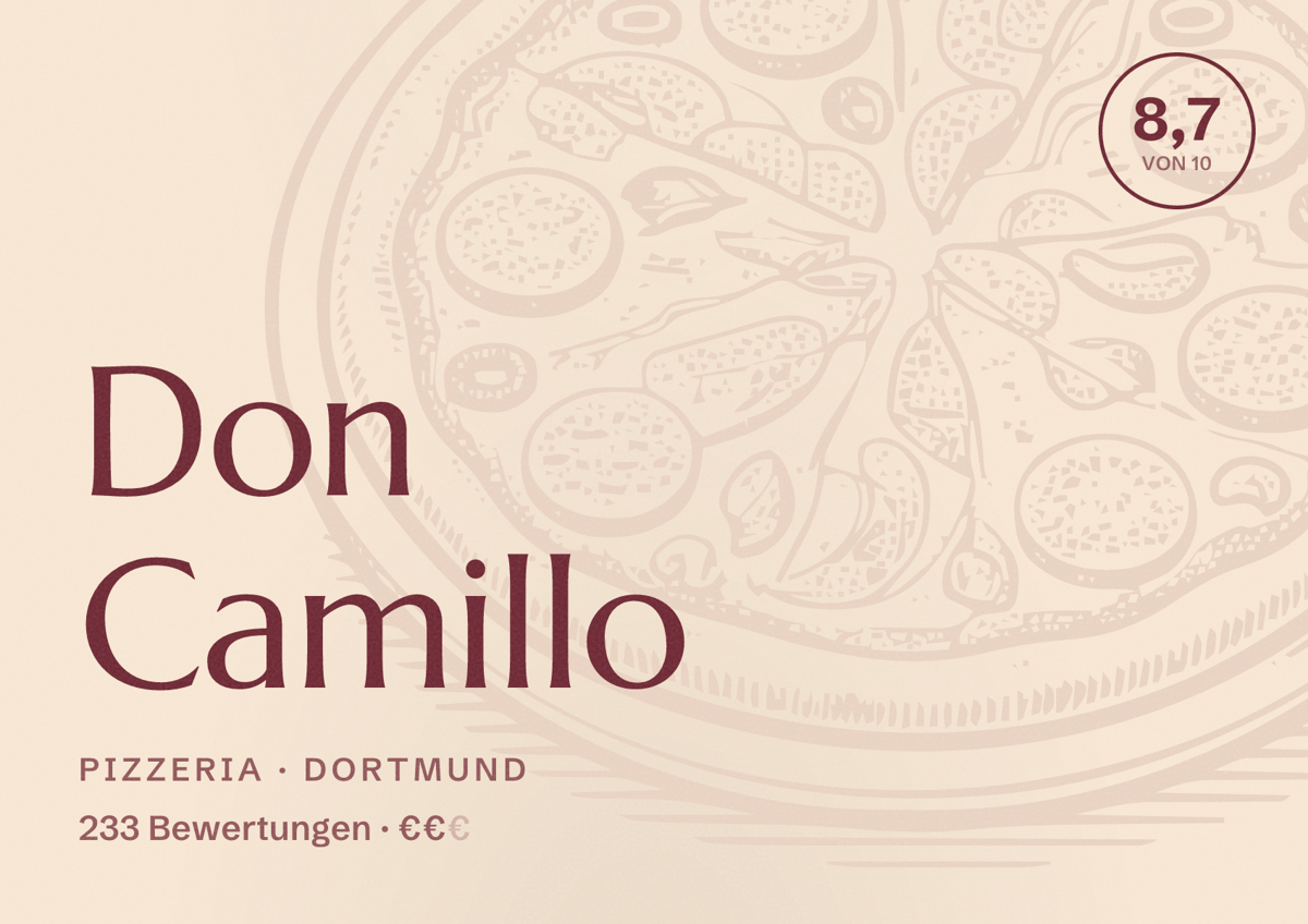 Illustriertes Poster von Don Camillo, Pizzeria in Dortmund: Bewertung 8,7 von 10 aus 233 Bewertungen, Preisniveau €€