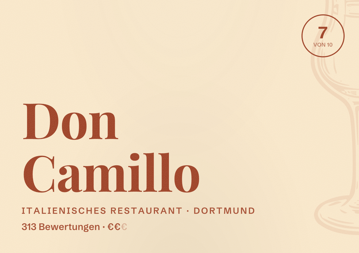 Illustriertes Poster von Don Camillo, Italienisches Restaurant in Dortmund: Bewertung 7 von 10 aus 313 Bewertungen, Preisniveau €€