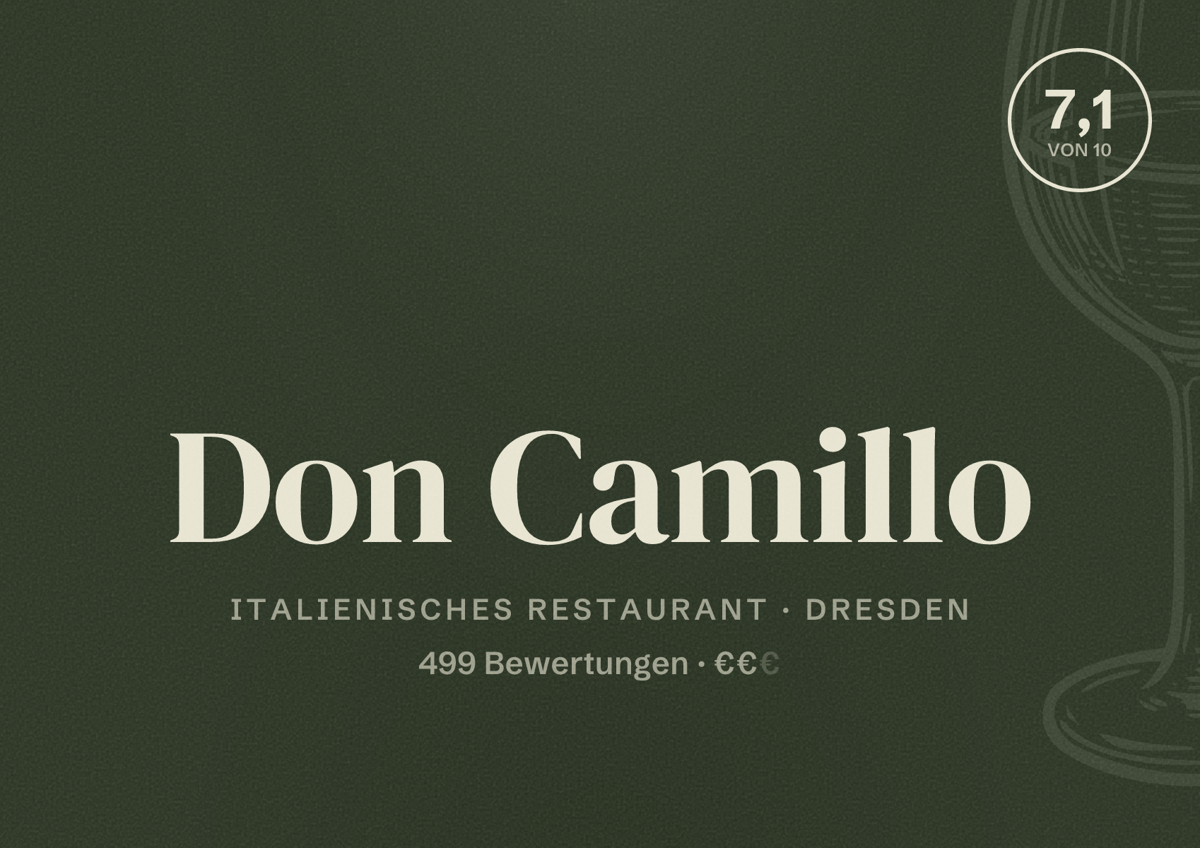 Illustriertes Poster von Don Camillo, Italienisches Restaurant in Dresden: Bewertung 7,1 von 10 aus 499 Bewertungen, Preisniveau €€