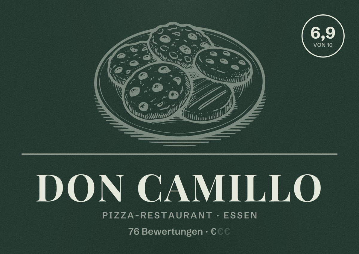 Illustriertes Poster von Don Camillo, Pizza-Restaurant in Essen: Bewertung 6,9 von 10 aus 76 Bewertungen, Preisniveau €