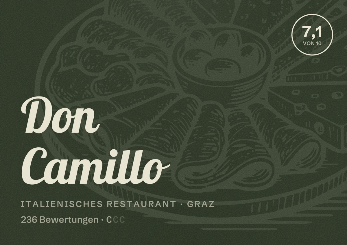 Illustriertes Poster von Don Camillo, Italienisches Restaurant in Graz: Bewertung 7,1 von 10 aus 236 Bewertungen, Preisniveau €
