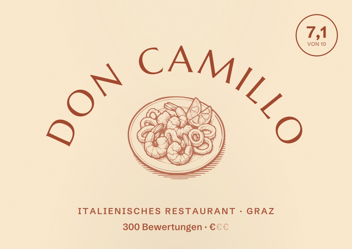 Illustriertes Poster von Don Camillo, Italienisches Restaurant in Graz: Bewertung 7,1 von 10 aus 300 Bewertungen, Preisniveau €